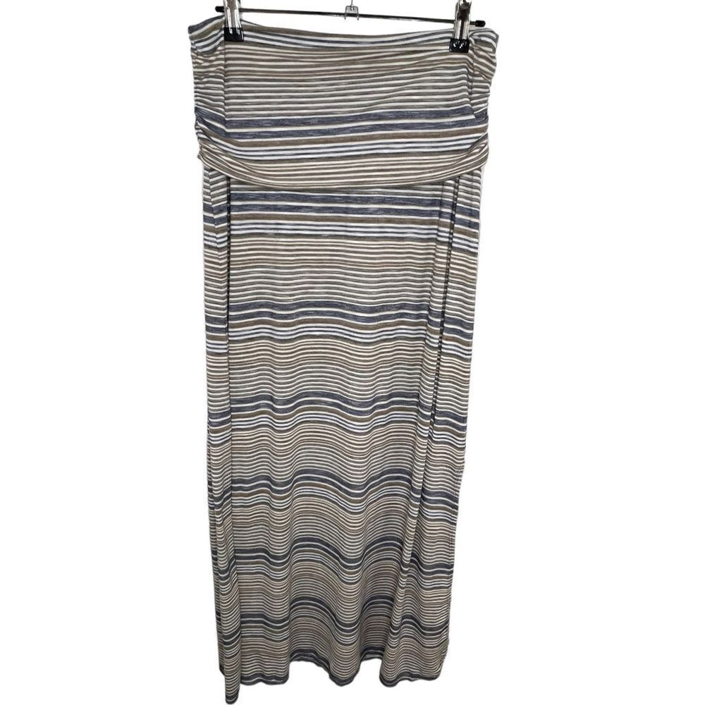 Max Studio Striped Maxi Skirt With Side Slit and Fold Over Waist